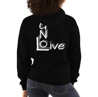 a woman wearing a black hoodie with the word love on it