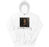 a white hoodie with an image of a girl with dreadlocks